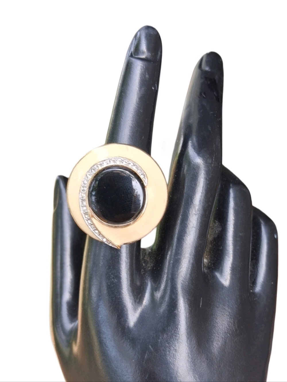 Vintage Panetta Gold Tone Black Onyx Style Ring with Cream Enamel & Pave Accents